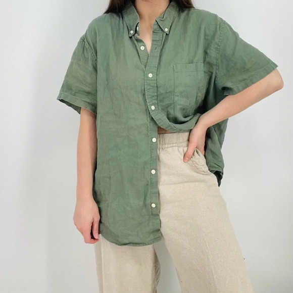 SOLD j. crew linen cotton blend sage green button down shirt top slim xxl - Picture 1 of 11